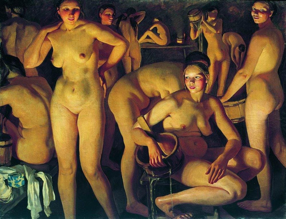 Зинаида Серебрякова. «Баня», 1913 год. Обнажённое женское тело уже можно было показать без античной богини — достаточно было выдать ему шайку и отправить мыться.